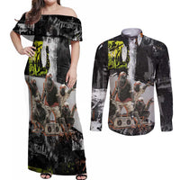 Boombox Breakdancer Couples Matching Off Shoulder Maxi Dress and Long Sleeve Button Shirt with Grafiti Art and Grunge Street Hip Hop Style - Wonder Print Shop