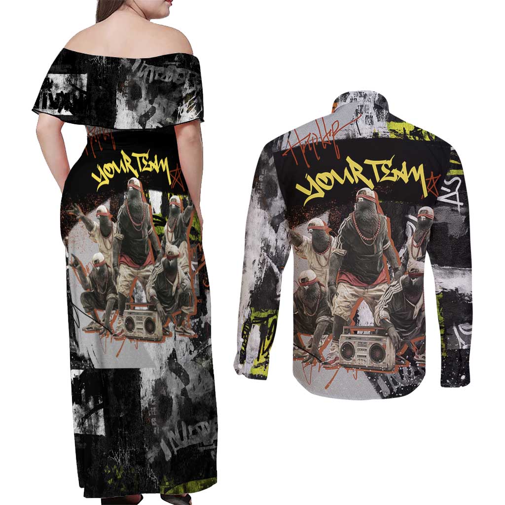 Boombox Breakdancer Couples Matching Off Shoulder Maxi Dress and Long Sleeve Button Shirt with Grafiti Art and Grunge Street Hip Hop Style - Wonder Print Shop