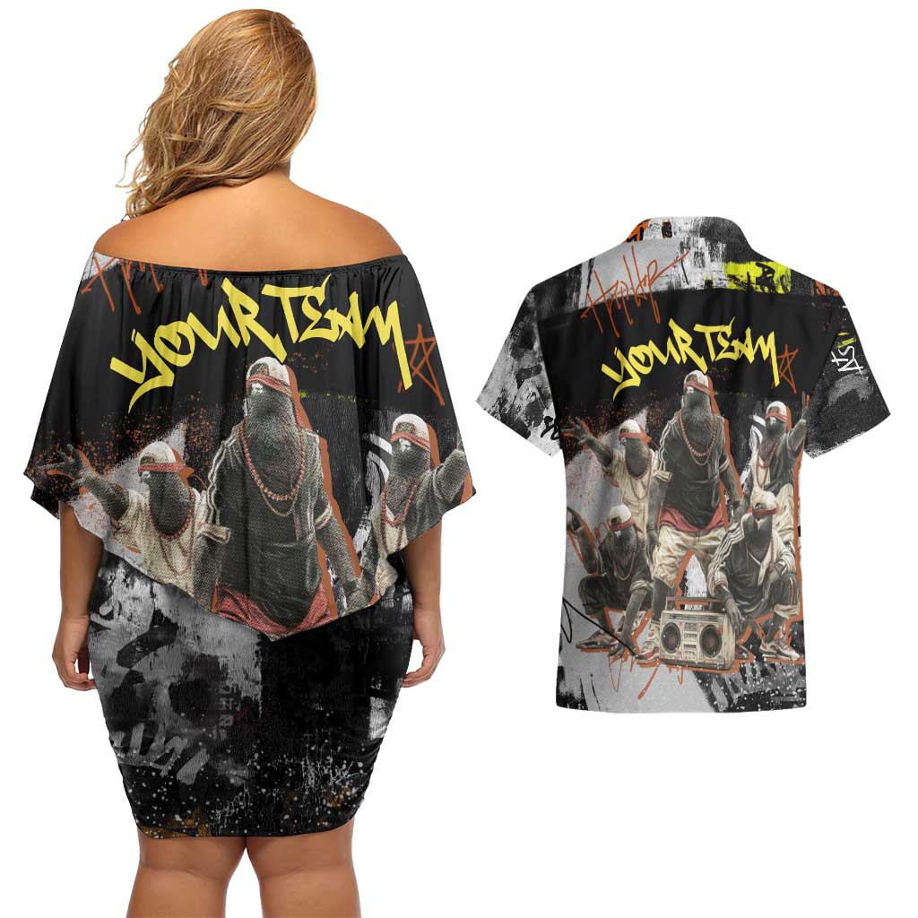 Boombox Breakdancer Couples Matching Off Shoulder Short Dress and Hawaiian Shirt with Grafiti Art and Grunge Street Hip Hop Style - Wonder Print Shop