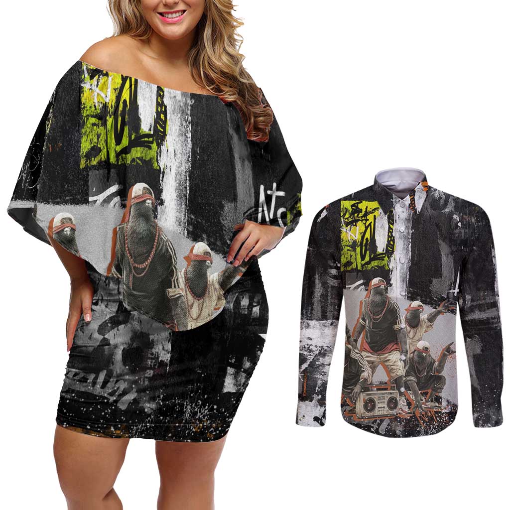 Boombox Breakdancer Couples Matching Off Shoulder Short Dress and Long Sleeve Button Shirt with Grafiti Art and Grunge Street Hip Hop Style - Wonder Print Shop