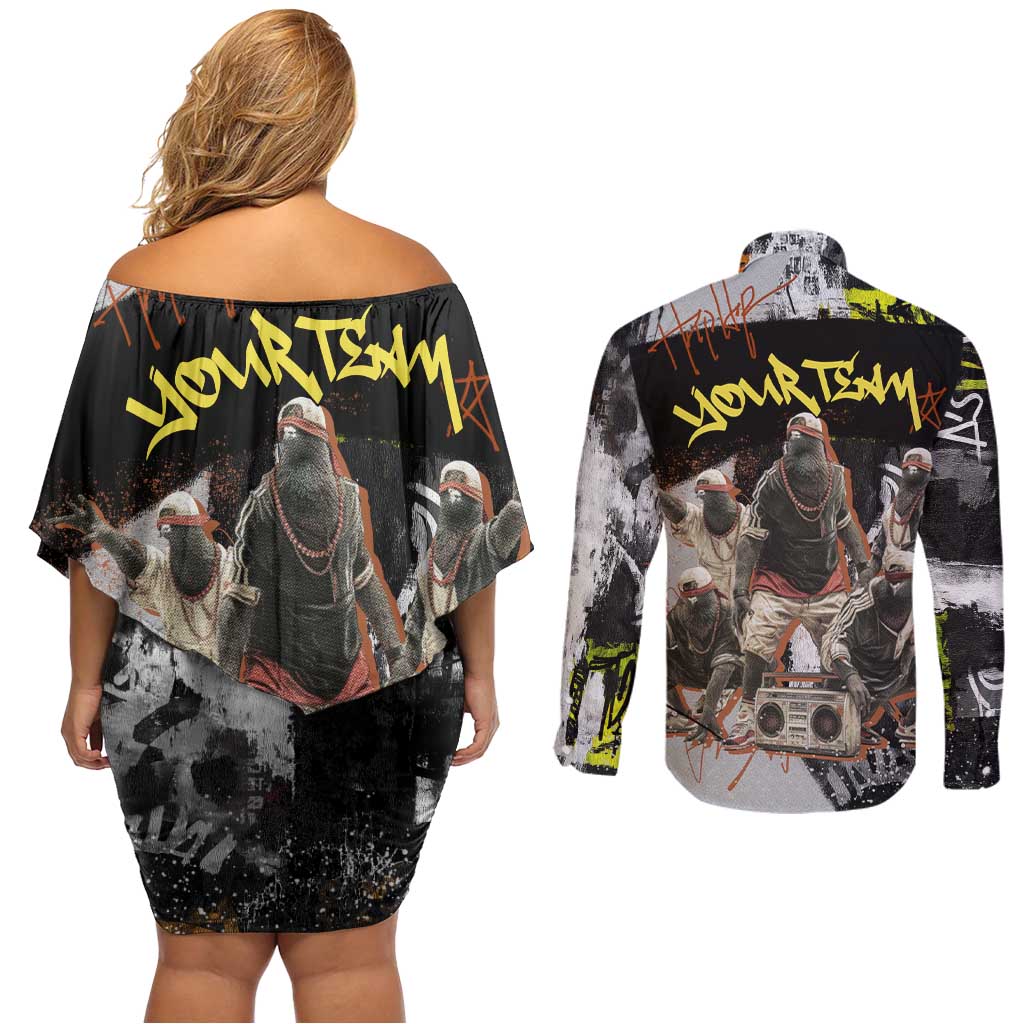 Boombox Breakdancer Couples Matching Off Shoulder Short Dress and Long Sleeve Button Shirt with Grafiti Art and Grunge Street Hip Hop Style - Wonder Print Shop