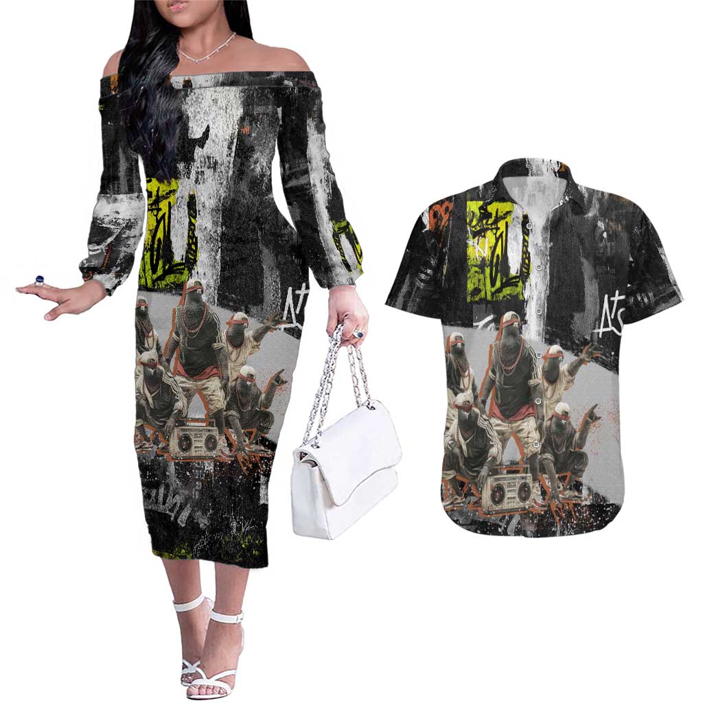 Boombox Breakdancer Couples Matching Off The Shoulder Long Sleeve Dress and Hawaiian Shirt with Grafiti Art and Grunge Street Hip Hop Style - Wonder Print Shop