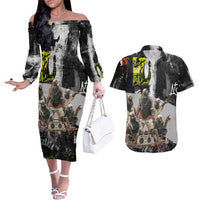 Boombox Breakdancer Couples Matching Off The Shoulder Long Sleeve Dress and Hawaiian Shirt with Grafiti Art and Grunge Street Hip Hop Style - Wonder Print Shop