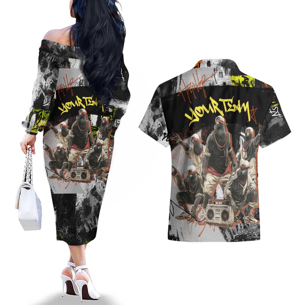 Boombox Breakdancer Couples Matching Off The Shoulder Long Sleeve Dress and Hawaiian Shirt with Grafiti Art and Grunge Street Hip Hop Style - Wonder Print Shop