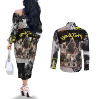 Boombox Breakdancer Couples Matching Off The Shoulder Long Sleeve Dress and Long Sleeve Button Shirt with Grafiti Art and Grunge Street Hip Hop Style - Wonder Print Shop