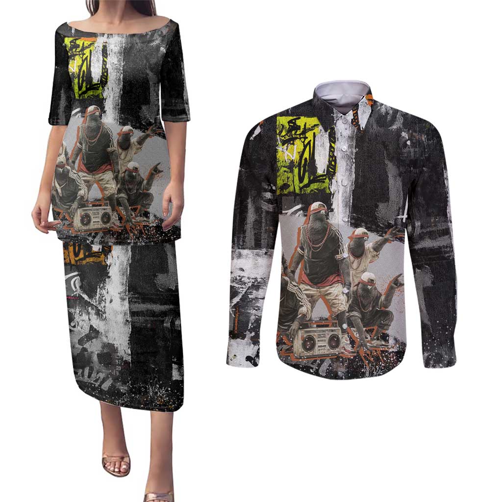 Boombox Breakdancer Couples Matching Puletasi and Long Sleeve Button Shirt with Grafiti Art and Grunge Street Hip Hop Style - Wonder Print Shop