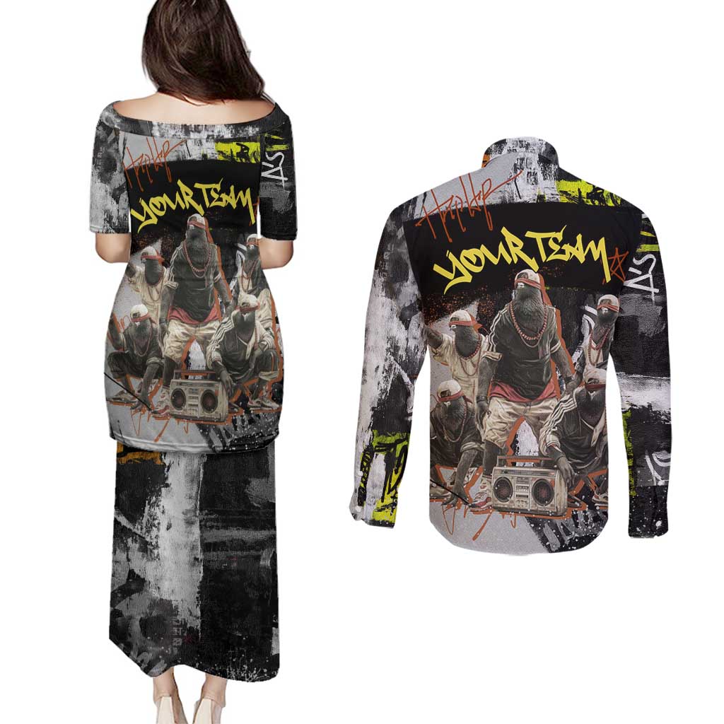 Boombox Breakdancer Couples Matching Puletasi and Long Sleeve Button Shirt with Grafiti Art and Grunge Street Hip Hop Style - Wonder Print Shop