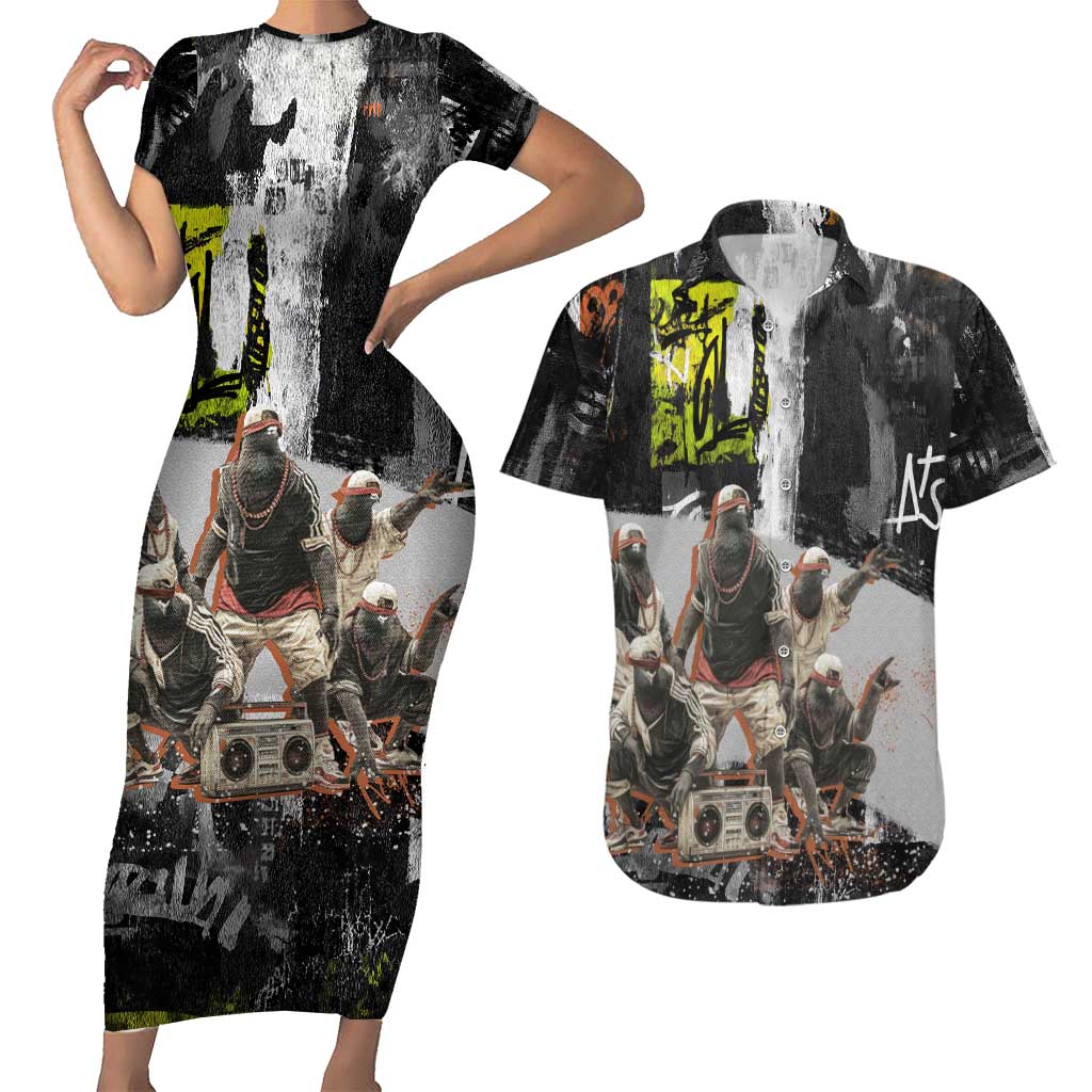 Boombox Breakdancer Couples Matching Short Sleeve Bodycon Dress and Hawaiian Shirt with Grafiti Art and Grunge Street Hip Hop Style - Wonder Print Shop