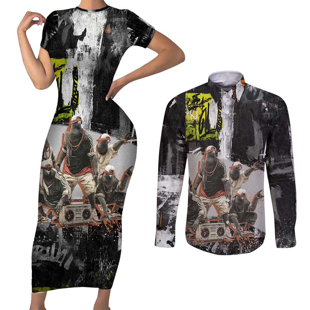 Boombox Breakdancer Couples Matching Short Sleeve Bodycon Dress and Long Sleeve Button Shirt with Grafiti Art and Grunge Street Hip Hop Style - Wonder Print Shop