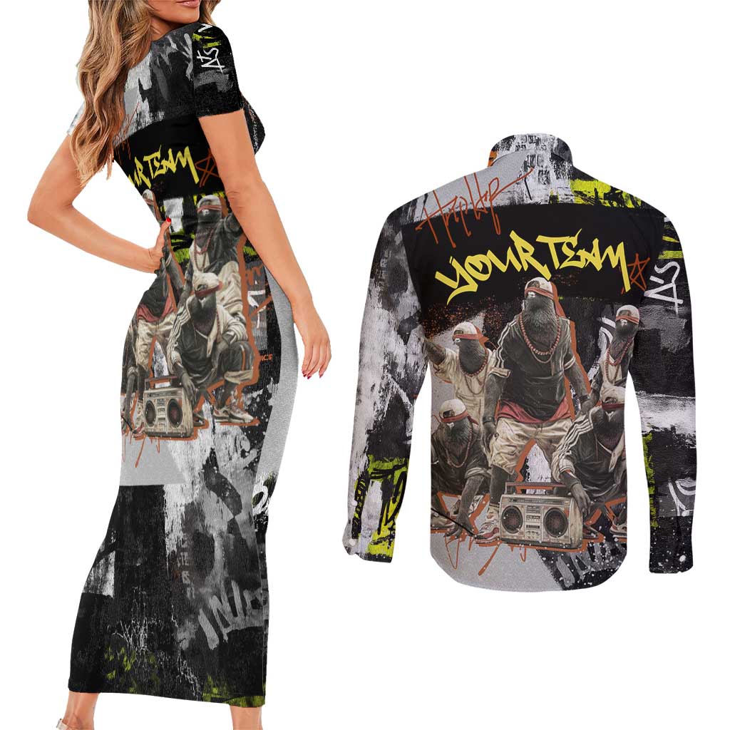 Boombox Breakdancer Couples Matching Short Sleeve Bodycon Dress and Long Sleeve Button Shirt with Grafiti Art and Grunge Street Hip Hop Style - Wonder Print Shop