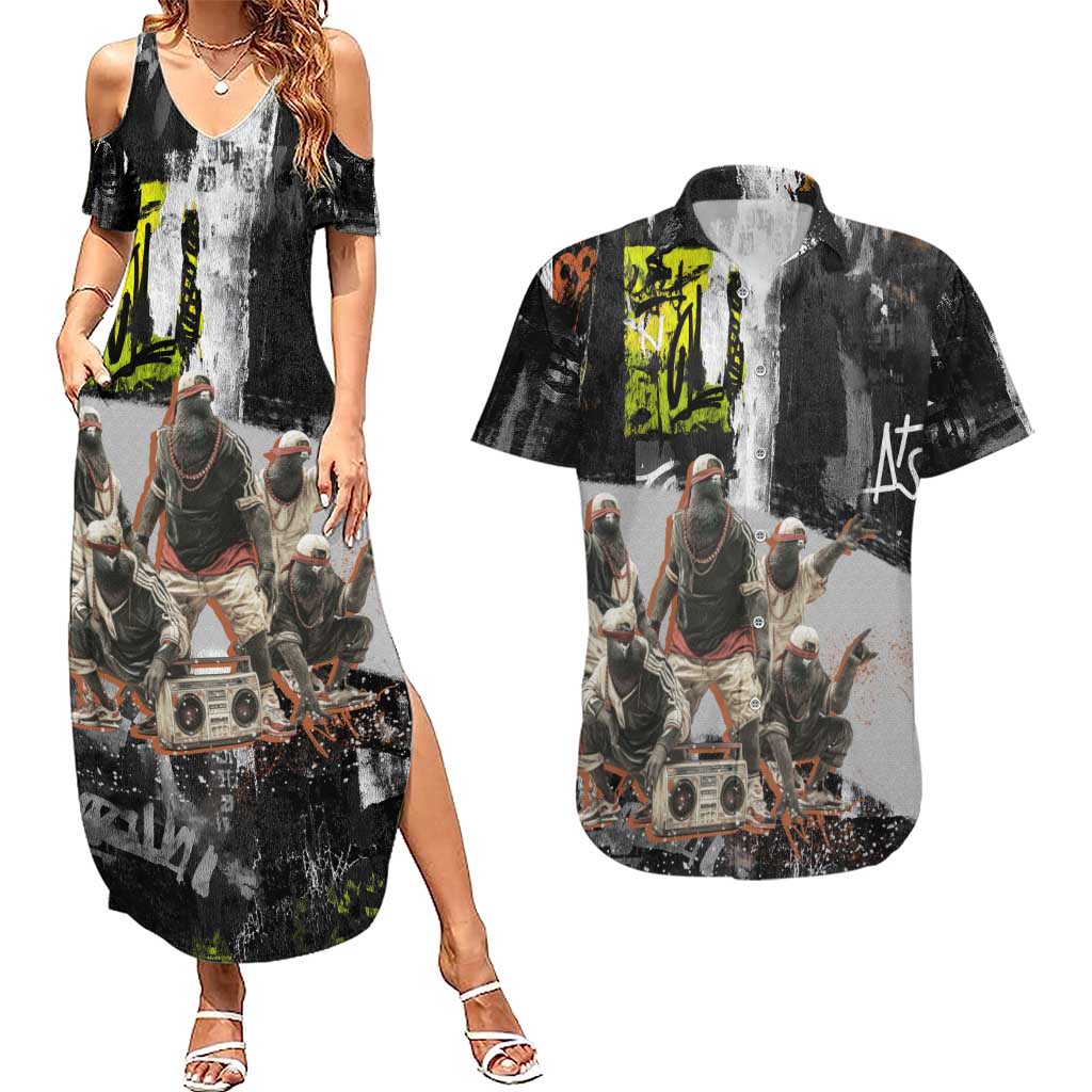 Boombox Breakdancer Couples Matching Summer Maxi Dress and Hawaiian Shirt with Grafiti Art and Grunge Street Hip Hop Style - Wonder Print Shop