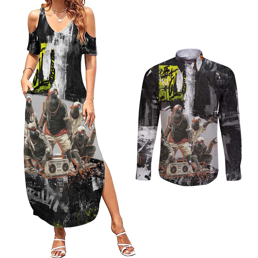 Boombox Breakdancer Couples Matching Summer Maxi Dress and Long Sleeve Button Shirt with Grafiti Art and Grunge Street Hip Hop Style - Wonder Print Shop