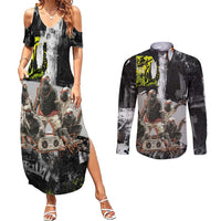 Boombox Breakdancer Couples Matching Summer Maxi Dress and Long Sleeve Button Shirt with Grafiti Art and Grunge Street Hip Hop Style - Wonder Print Shop