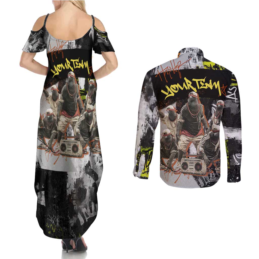 Boombox Breakdancer Couples Matching Summer Maxi Dress and Long Sleeve Button Shirt with Grafiti Art and Grunge Street Hip Hop Style - Wonder Print Shop