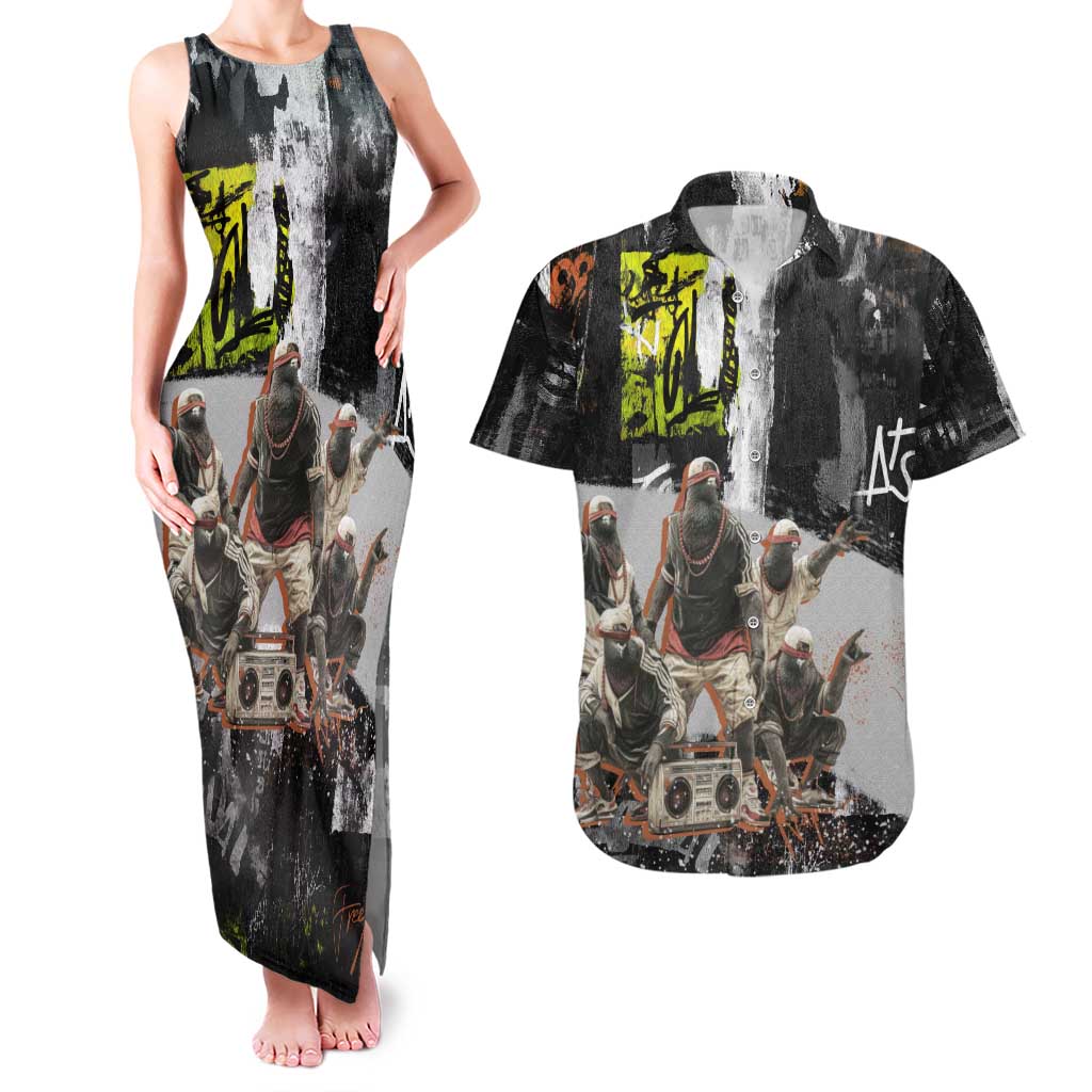 Boombox Breakdancer Couples Matching Tank Maxi Dress and Hawaiian Shirt with Grafiti Art and Grunge Street Hip Hop Style - Wonder Print Shop