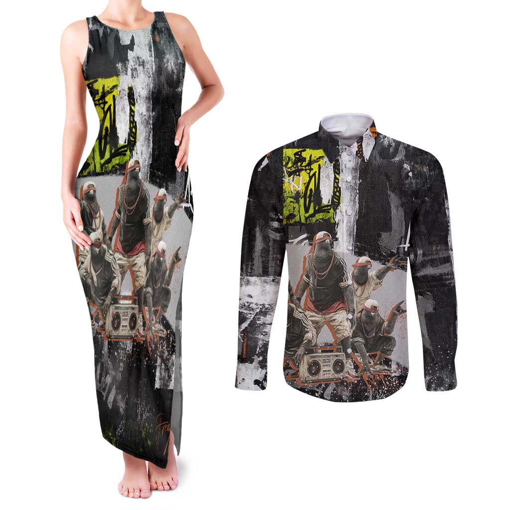 Boombox Breakdancer Couples Matching Tank Maxi Dress and Long Sleeve Button Shirt with Grafiti Art and Grunge Street Hip Hop Style - Wonder Print Shop