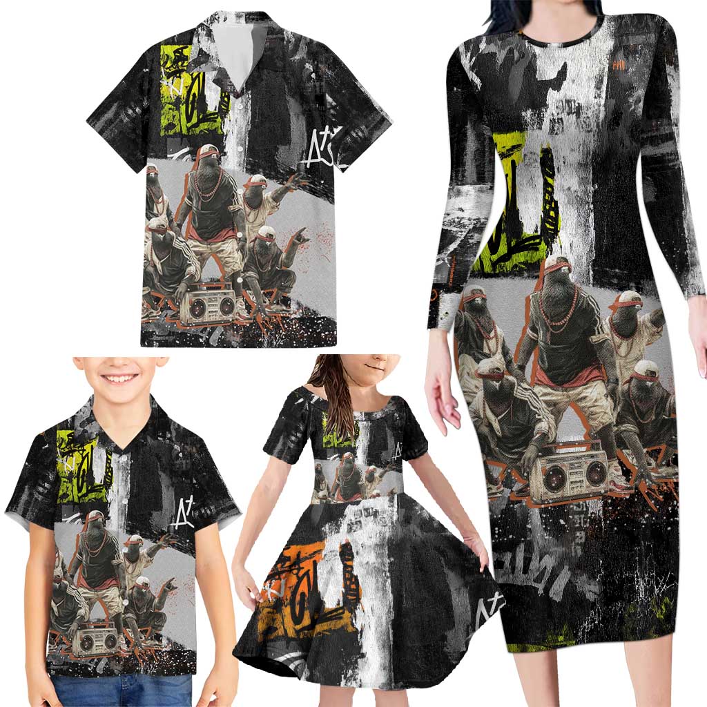 Boombox Breakdancer Family Matching Long Sleeve Bodycon Dress and Hawaiian Shirt with Grafiti Art and Grunge Street Hip Hop Style - Wonder Print Shop