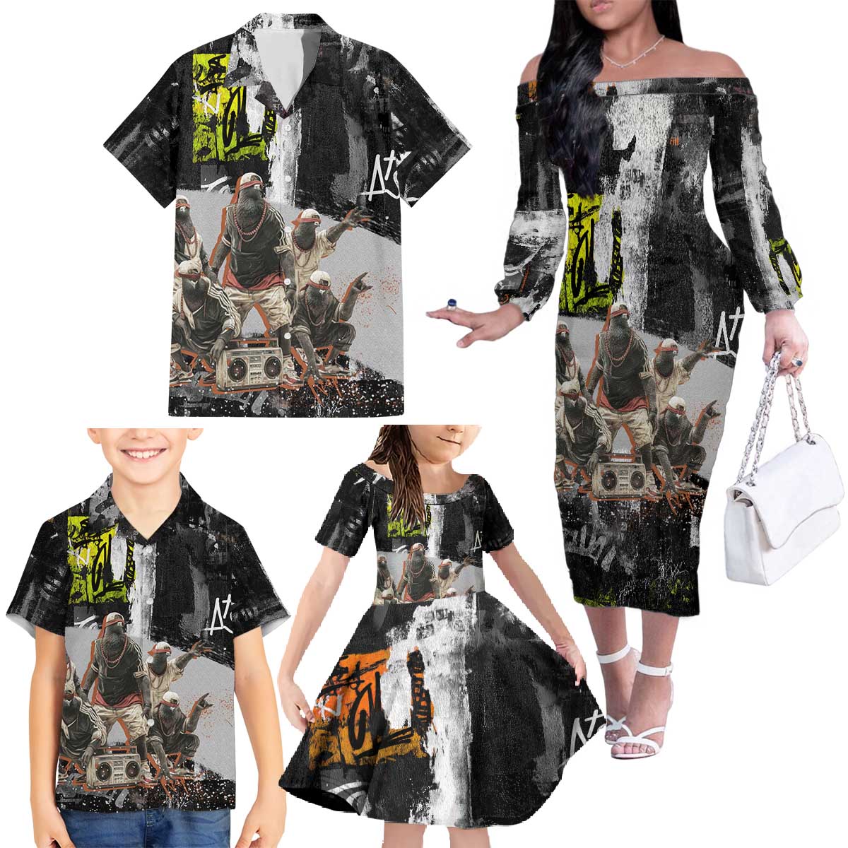 Boombox Breakdancer Family Matching Off The Shoulder Long Sleeve Dress and Hawaiian Shirt with Grafiti Art and Grunge Street Hip Hop Style - Wonder Print Shop