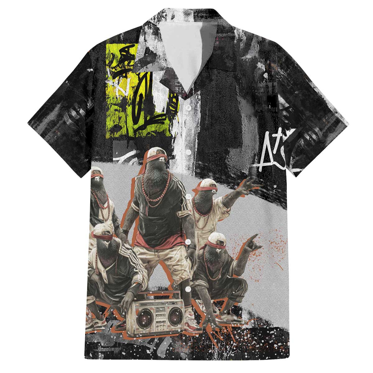 Boombox Breakdancer Family Matching Off The Shoulder Long Sleeve Dress and Hawaiian Shirt with Grafiti Art and Grunge Street Hip Hop Style - Wonder Print Shop
