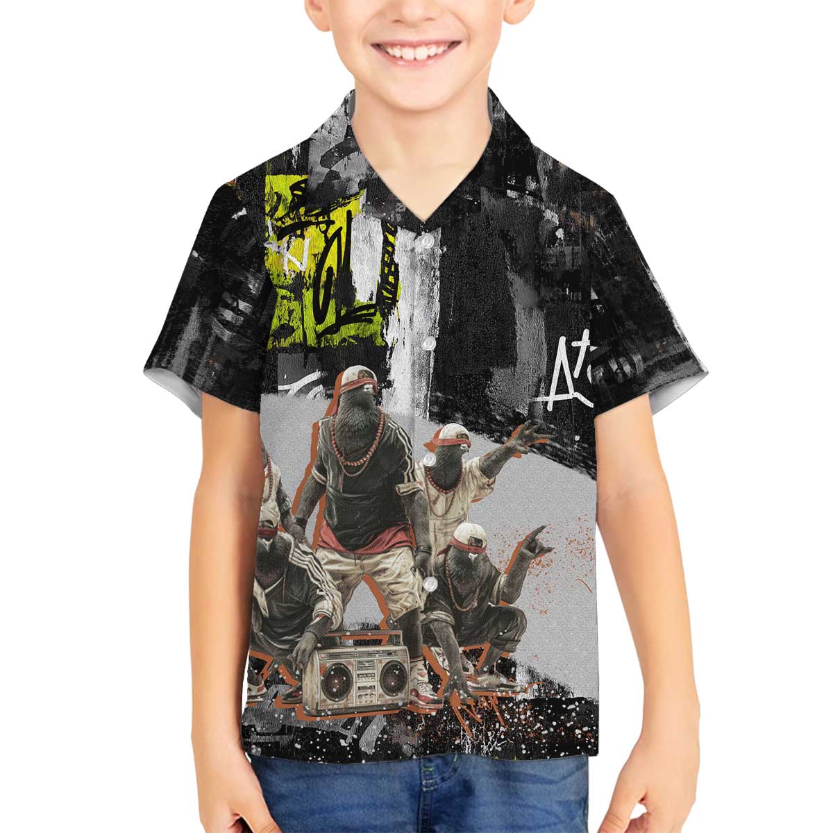 Boombox Breakdancer Family Matching Off The Shoulder Long Sleeve Dress and Hawaiian Shirt with Grafiti Art and Grunge Street Hip Hop Style - Wonder Print Shop