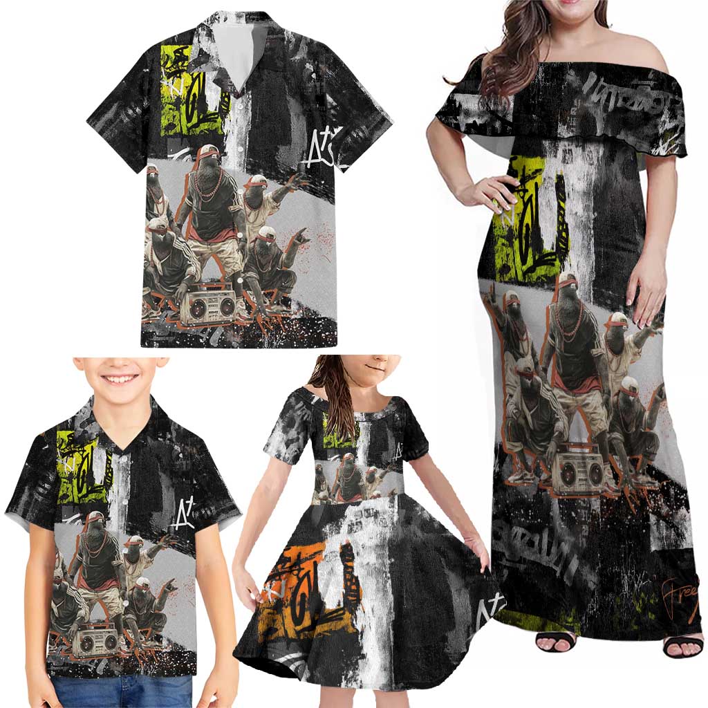 Boombox Breakdancer Family Matching Off Shoulder Maxi Dress and Hawaiian Shirt with Grafiti Art and Grunge Street Hip Hop Style - Wonder Print Shop