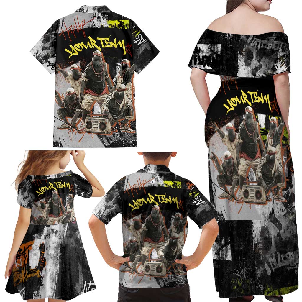 Boombox Breakdancer Family Matching Off Shoulder Maxi Dress and Hawaiian Shirt with Grafiti Art and Grunge Street Hip Hop Style - Wonder Print Shop