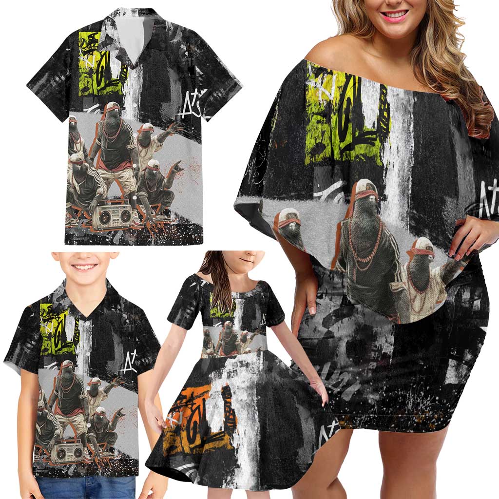Boombox Breakdancer Family Matching Off Shoulder Short Dress and Hawaiian Shirt with Grafiti Art and Grunge Street Hip Hop Style - Wonder Print Shop