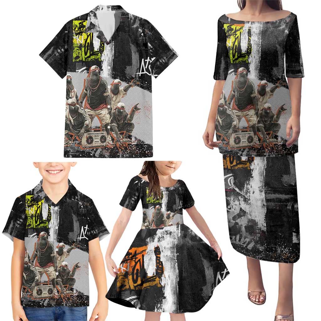 Boombox Breakdancer Family Matching Puletasi and Hawaiian Shirt with Grafiti Art and Grunge Street Hip Hop Style - Wonder Print Shop