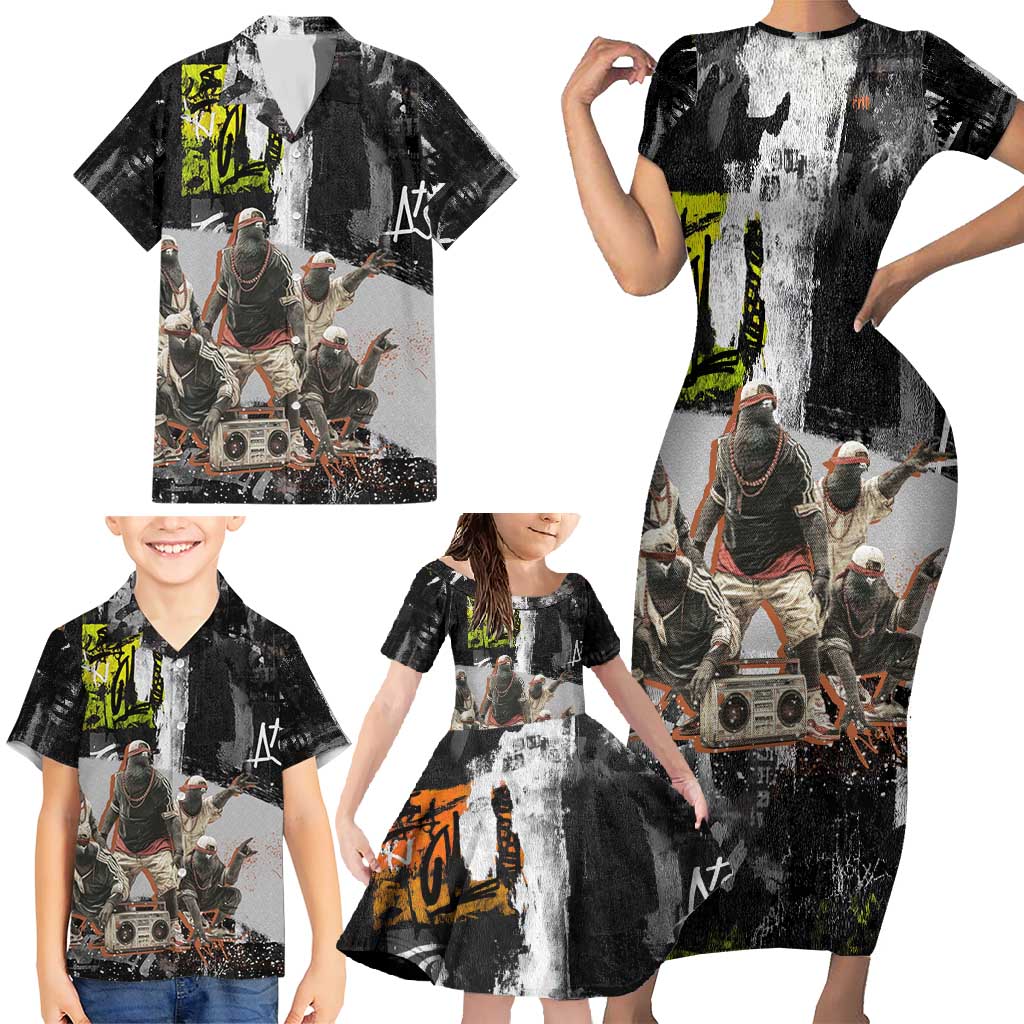 Boombox Breakdancer Family Matching Short Sleeve Bodycon Dress and Hawaiian Shirt with Grafiti Art and Grunge Street Hip Hop Style - Wonder Print Shop