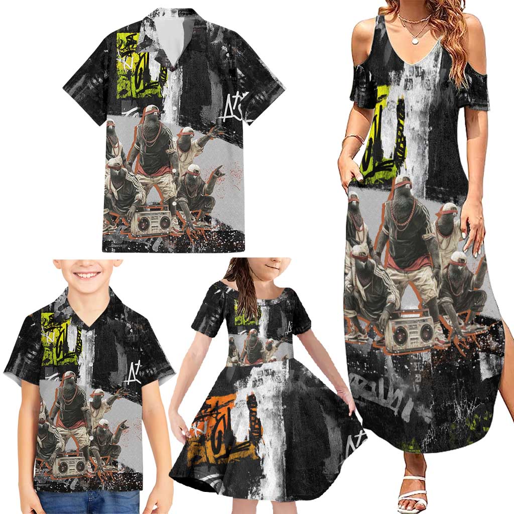 Boombox Breakdancer Family Matching Summer Maxi Dress and Hawaiian Shirt with Grafiti Art and Grunge Street Hip Hop Style - Wonder Print Shop