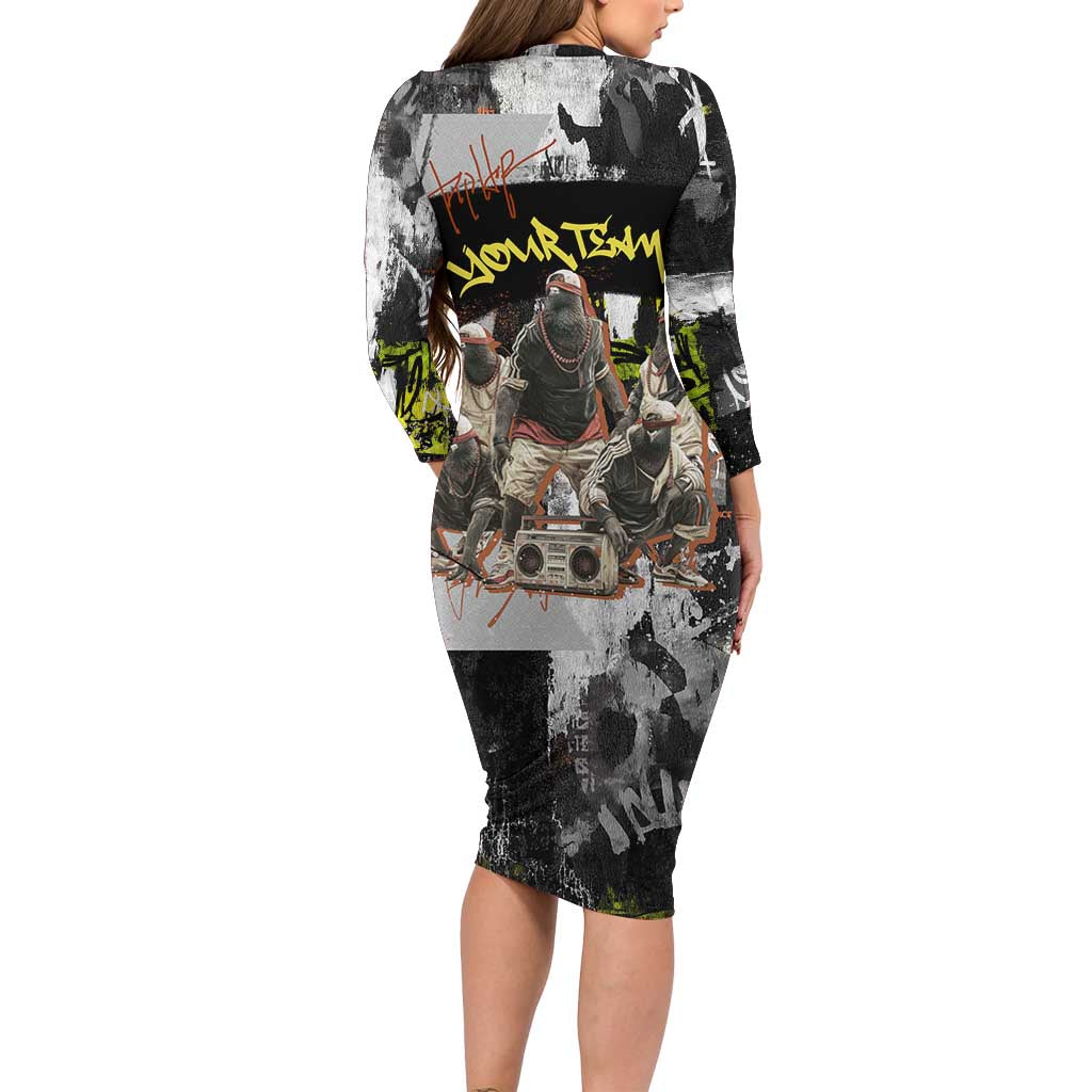 Boombox Breakdancer Long Sleeve Bodycon Dress with Grafiti Art and Grunge Street Hip Hop Style - Wonder Print Shop