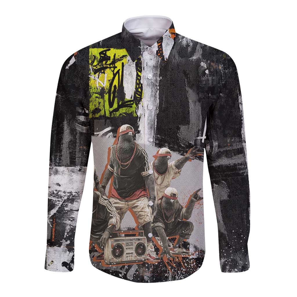 Boombox Breakdancer Long Sleeve Button Shirt with Grafiti Art and Grunge Street Hip Hop Style - Wonder Print Shop