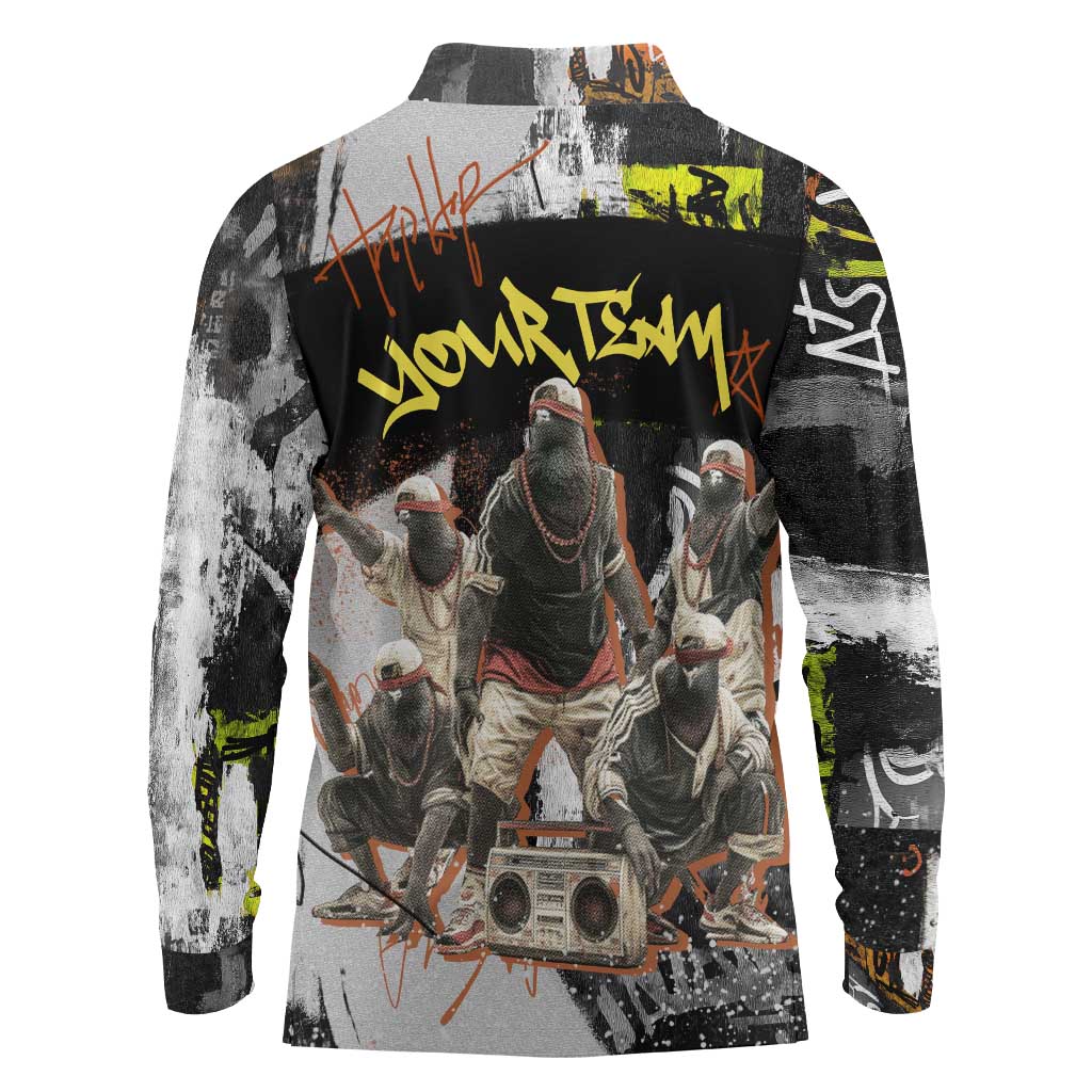 Boombox Breakdancer Long Sleeve Polo Shirt with Grafiti Art and Grunge Street Hip Hop Style - Wonder Print Shop
