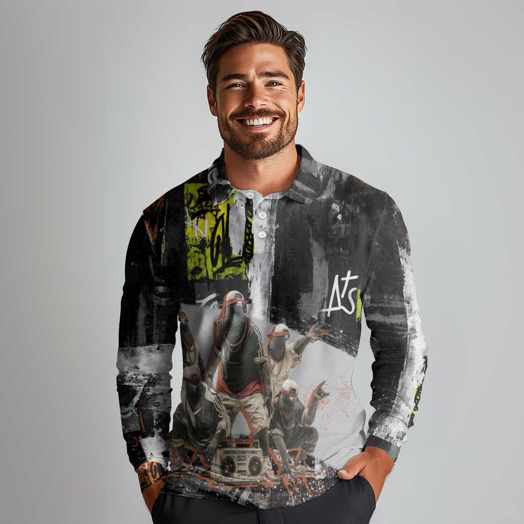 Boombox Breakdancer Long Sleeve Polo Shirt with Grafiti Art and Grunge Street Hip Hop Style - Wonder Print Shop