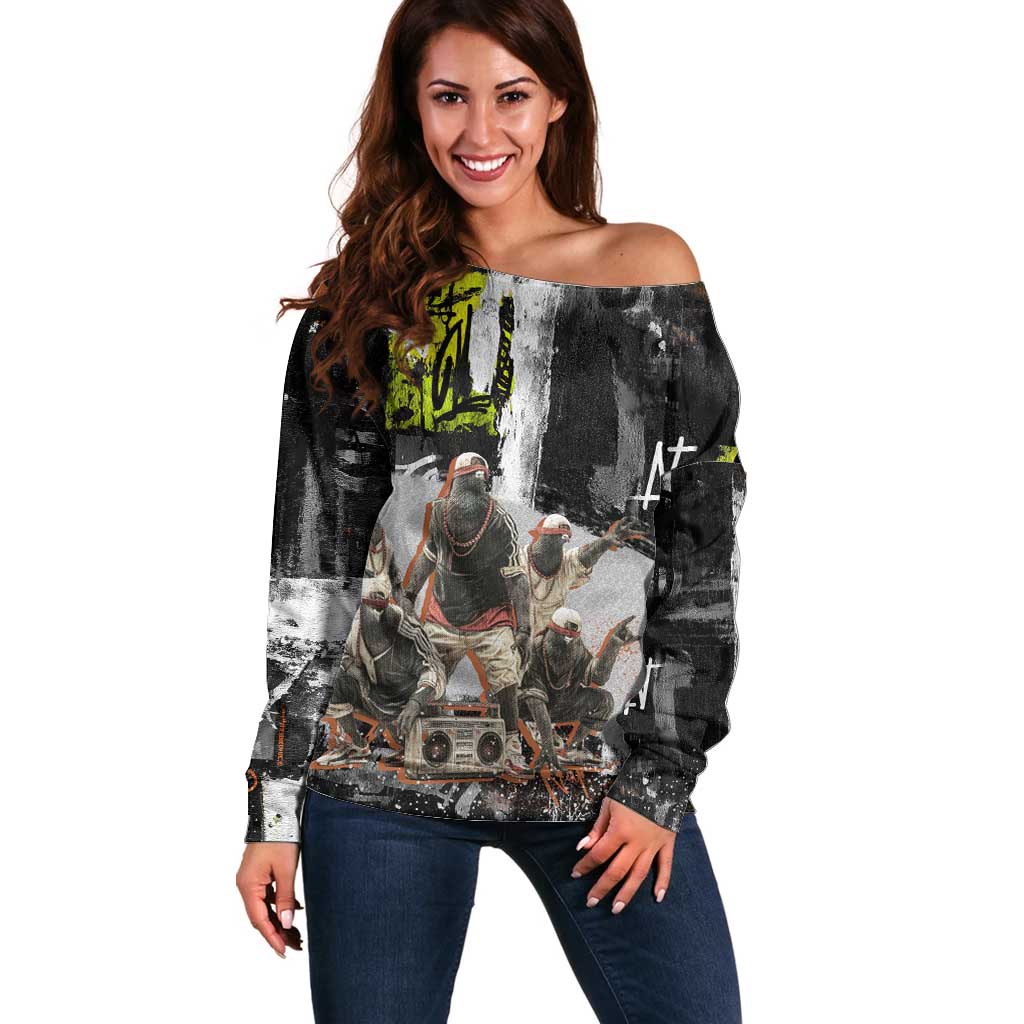 Boombox Breakdancer Off Shoulder Sweater with Grafiti Art and Grunge Street Hip Hop Style - Wonder Print Shop