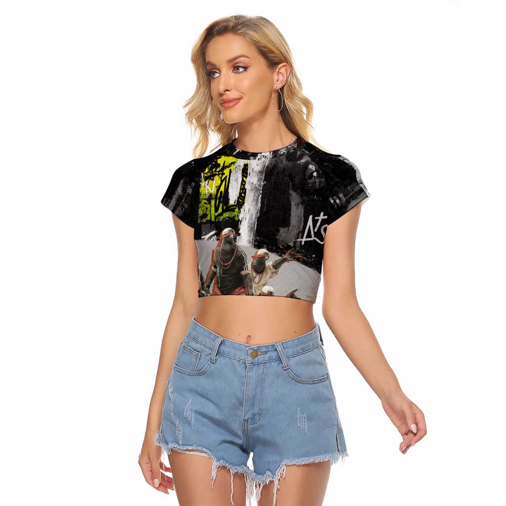 Boombox Breakdancer Raglan Cropped T Shirt with Grafiti Art and Grunge Street Hip Hop Style - Wonder Print Shop