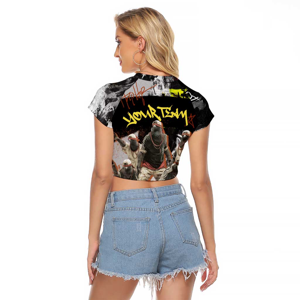 Boombox Breakdancer Raglan Cropped T Shirt with Grafiti Art and Grunge Street Hip Hop Style - Wonder Print Shop