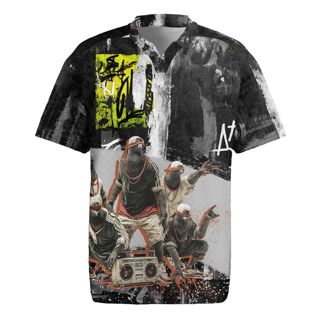 Boombox Breakdancer Rugby Jersey with Grafiti Art and Grunge Street Hip Hop Style - Wonder Print Shop