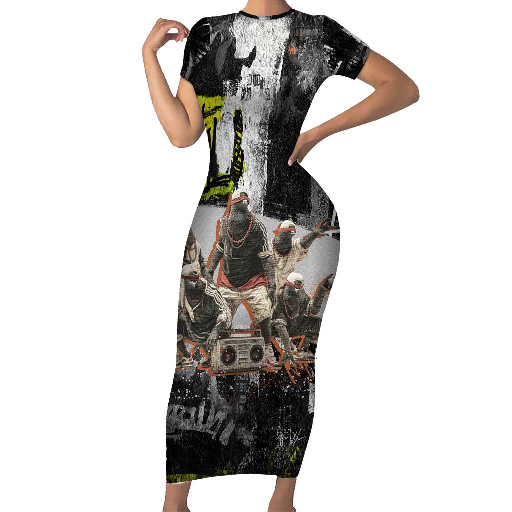 Boombox Breakdancer Short Sleeve Bodycon Dress with Grafiti Art and Grunge Street Hip Hop Style - Wonder Print Shop