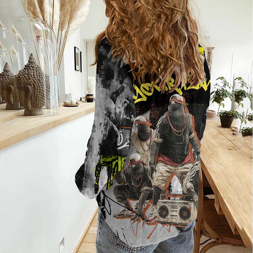 Boombox Breakdancer Women Casual Shirt with Grafiti Art and Grunge Street Hip Hop Style - Wonder Print Shop