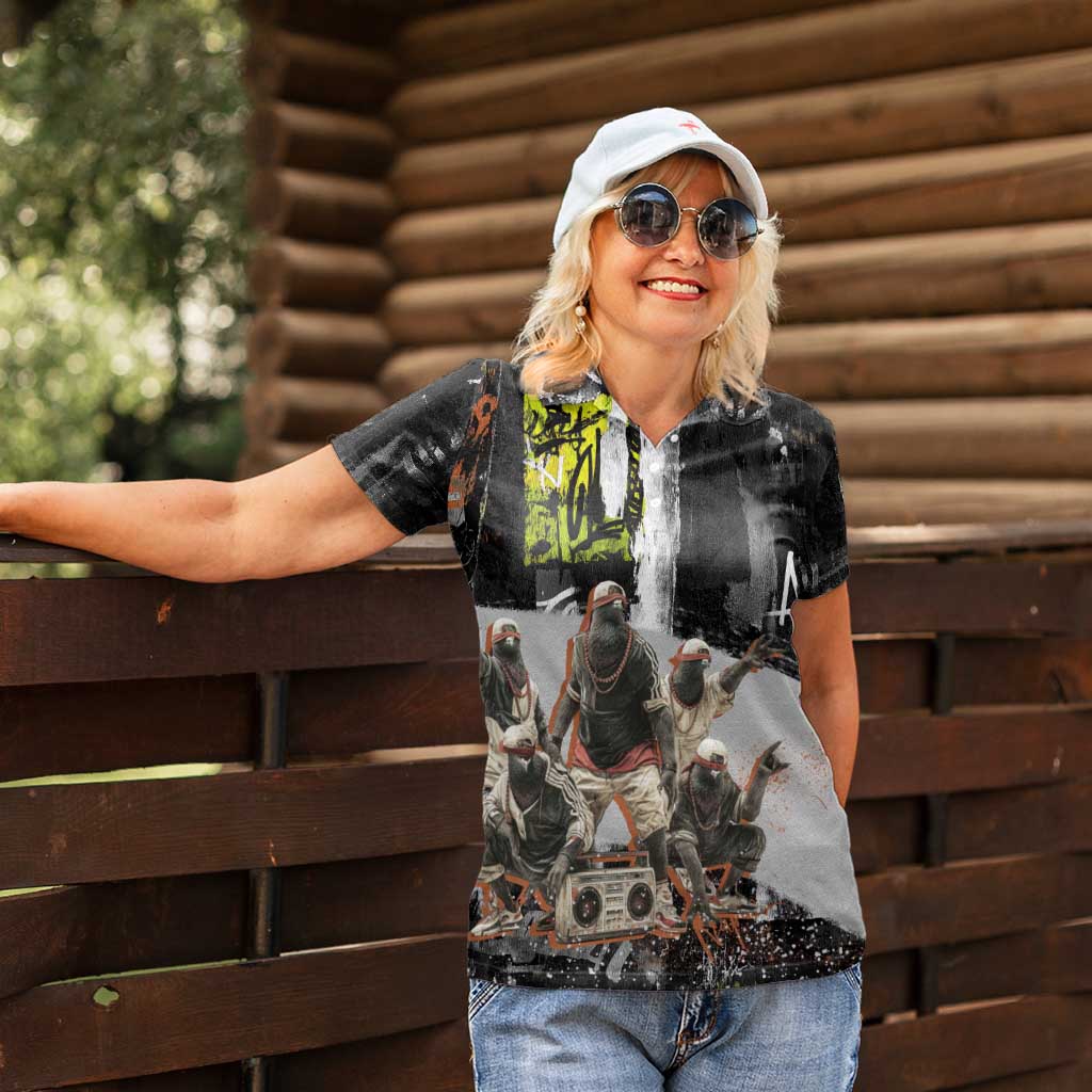 Boombox Breakdancer Women Polo Shirt with Grafiti Art and Grunge Street Hip Hop Style - Wonder Print Shop