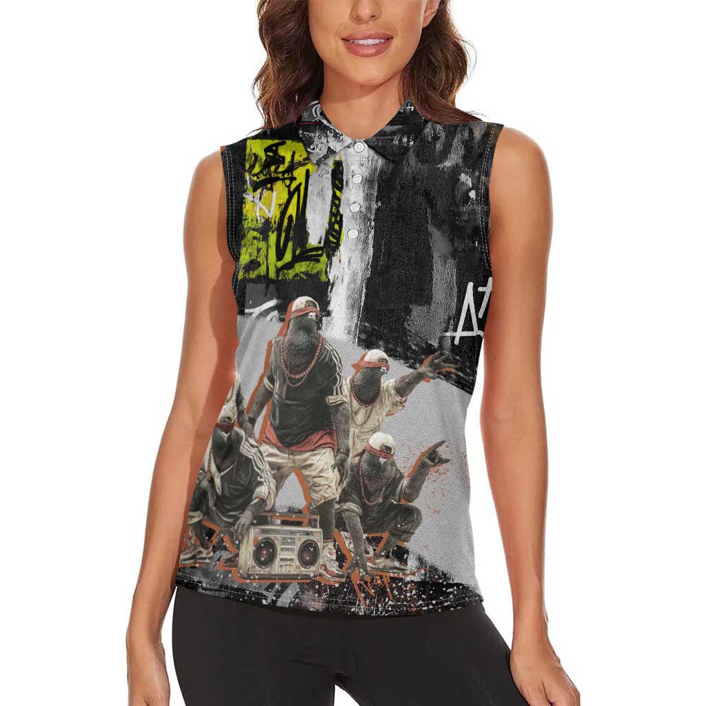 Boombox Breakdancer Women Sleeveless Polo Shirt with Grafiti Art and Grunge Street Hip Hop Style - Wonder Print Shop