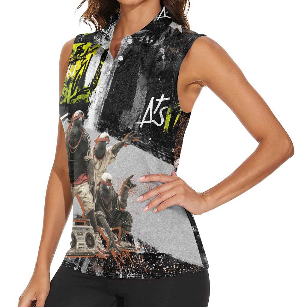 Boombox Breakdancer Women Sleeveless Polo Shirt with Grafiti Art and Grunge Street Hip Hop Style - Wonder Print Shop