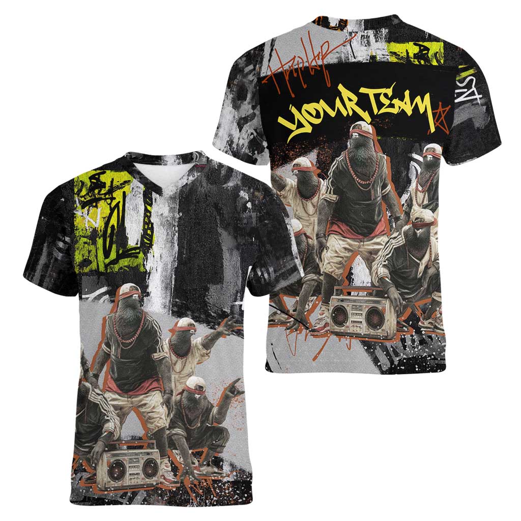 Boombox Breakdancer Women V-Neck T-Shirt with Grafiti Art and Grunge Street Hip Hop Style - Wonder Print Shop