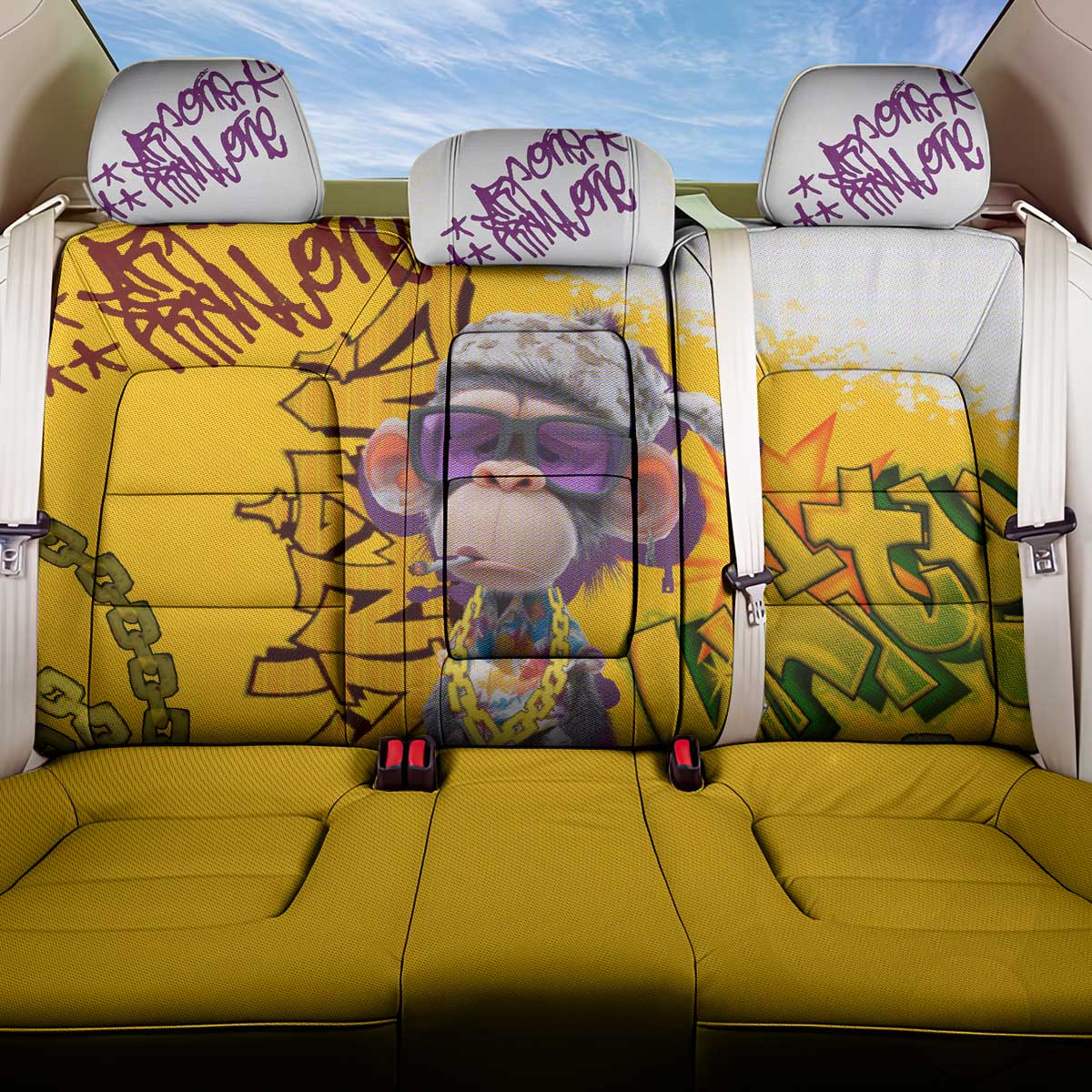 Graffiti Monkey Back Car Seat Cover with Hip Hop Sunglasses and Gold Chain Design - Wonder Print Shop