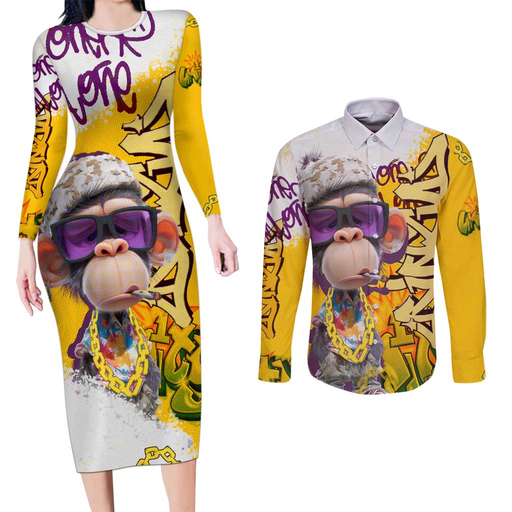 Graffiti Monkey Couples Matching Long Sleeve Bodycon Dress and Long Sleeve Button Shirt with Hip Hop Sunglasses and Gold Chain Design - Wonder Print Shop