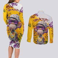 Graffiti Monkey Couples Matching Long Sleeve Bodycon Dress and Long Sleeve Button Shirt with Hip Hop Sunglasses and Gold Chain Design - Wonder Print Shop