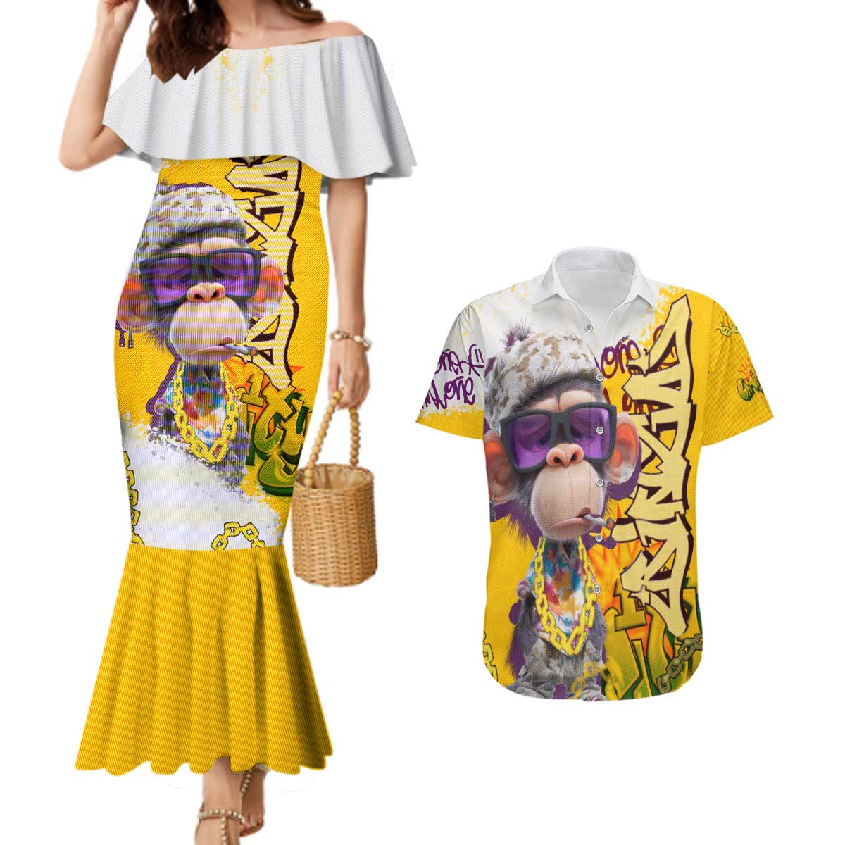 Graffiti Monkey Couples Matching Mermaid Dress and Hawaiian Shirt with Hip Hop Sunglasses and Gold Chain Design - Wonder Print Shop