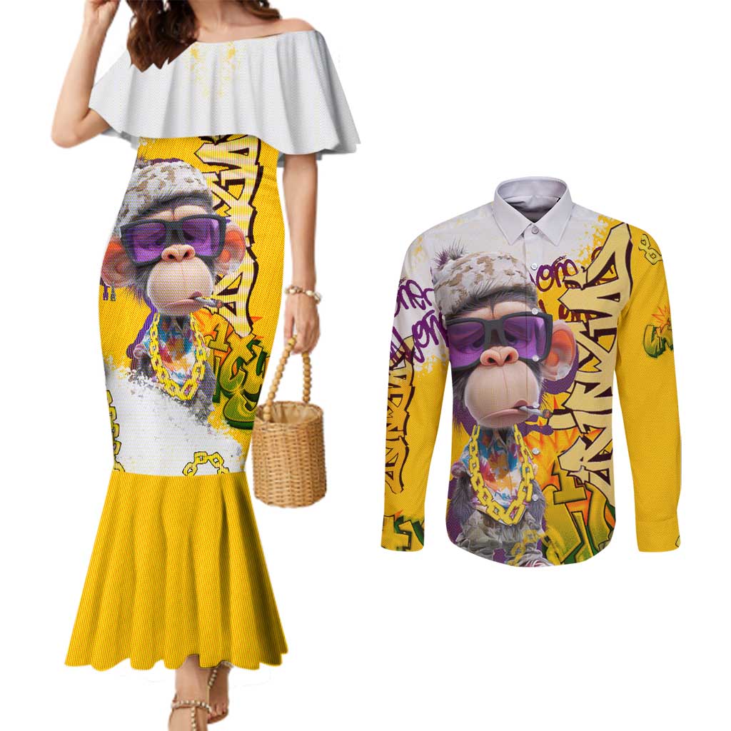 Graffiti Monkey Couples Matching Mermaid Dress and Long Sleeve Button Shirt with Hip Hop Sunglasses and Gold Chain Design - Wonder Print Shop