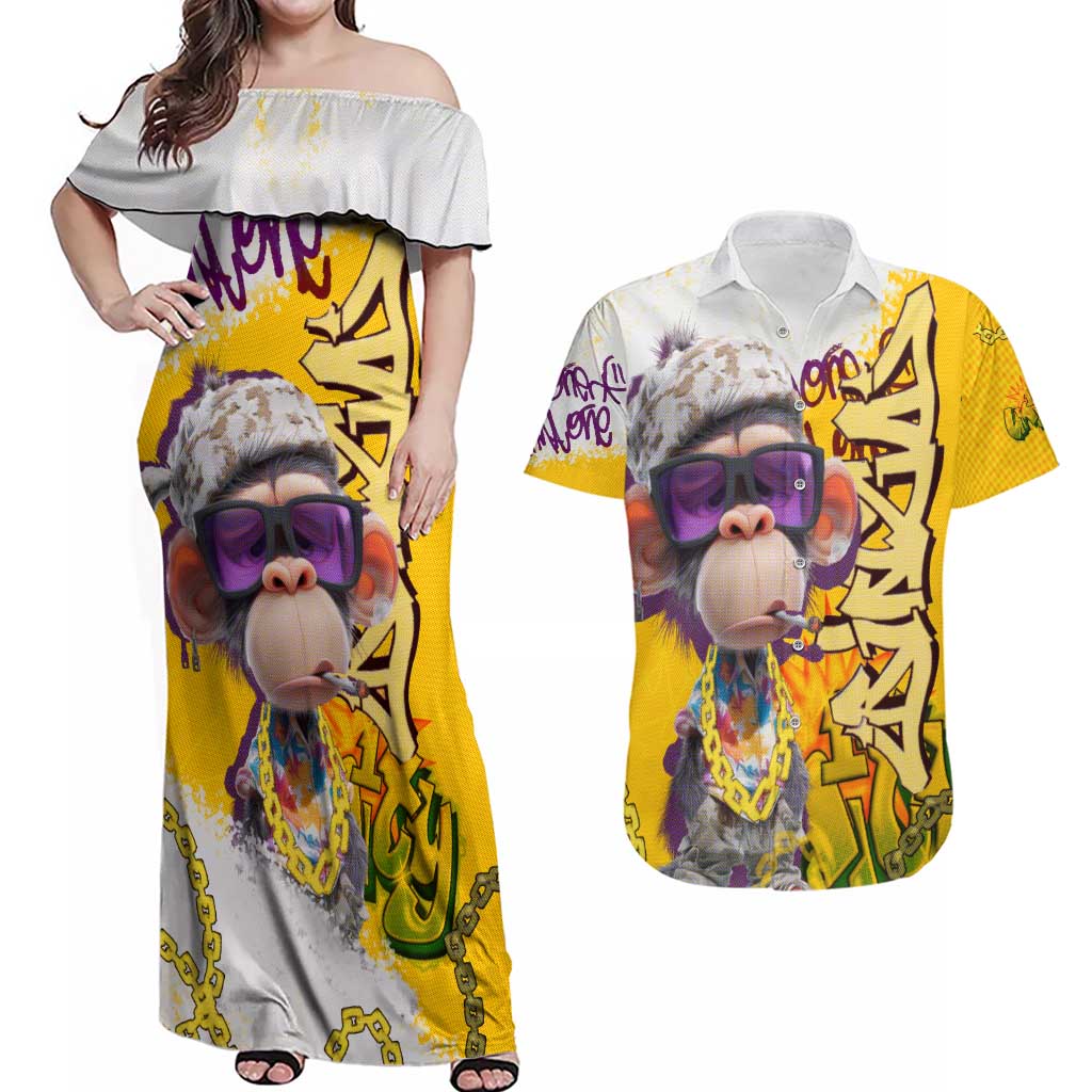 Graffiti Monkey Couples Matching Off Shoulder Maxi Dress and Hawaiian Shirt with Hip Hop Sunglasses and Gold Chain Design - Wonder Print Shop